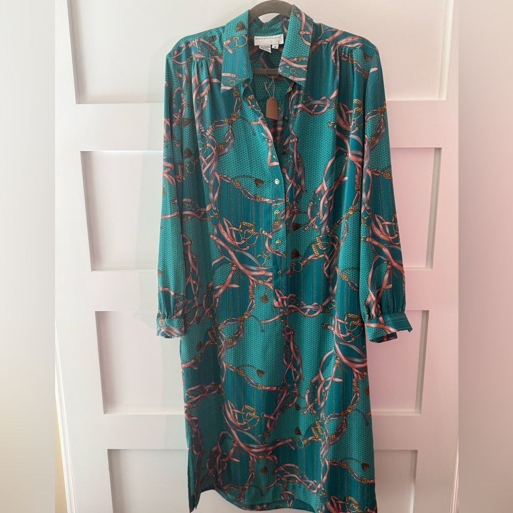 Vintage Schrader Emerald Green Chain-Print Shirt Dress boho western